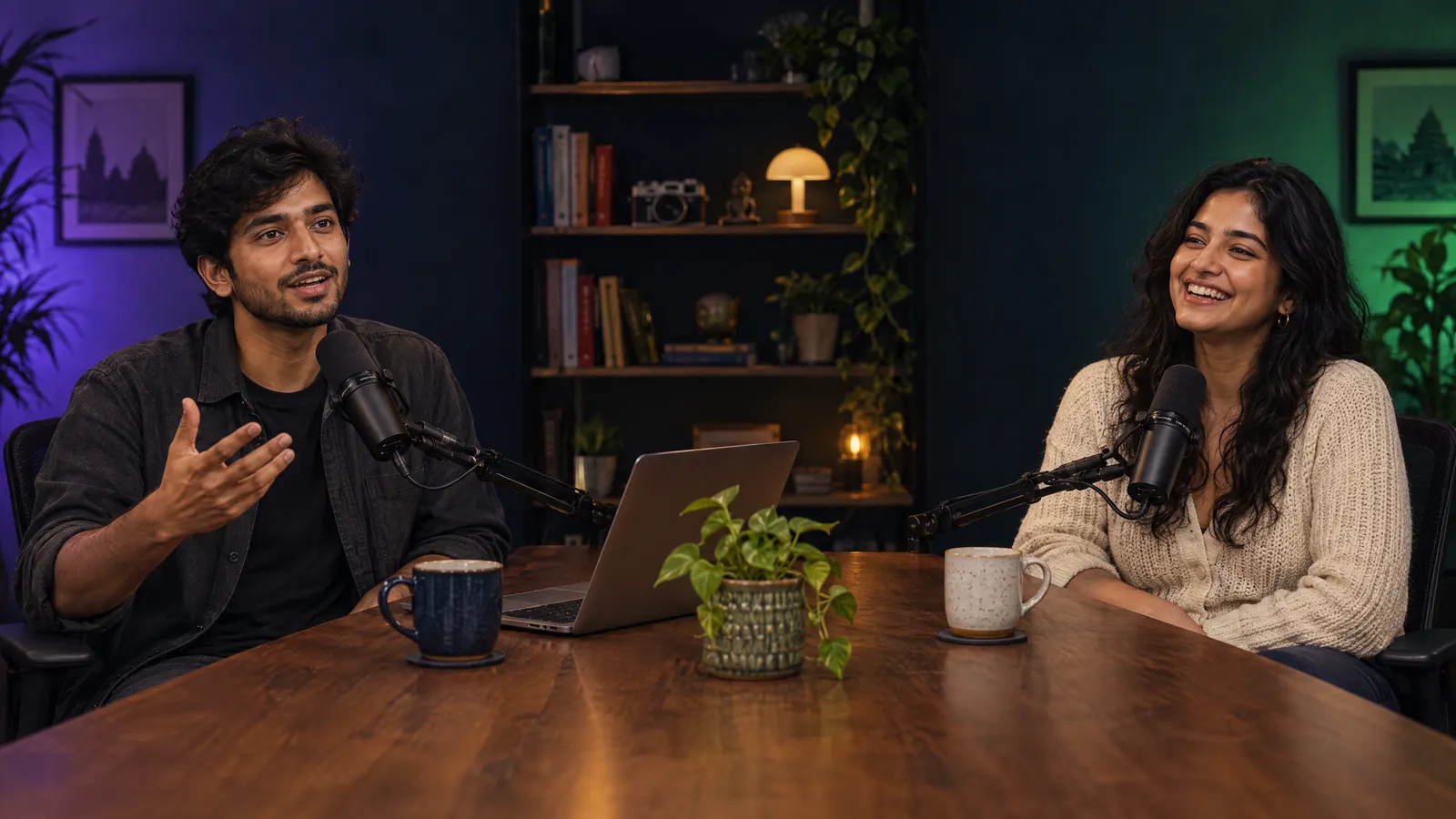 Two people recording a video podcast at a wooden desk in a dark studio, a violet light on the wall behind one and a green light behind the other.